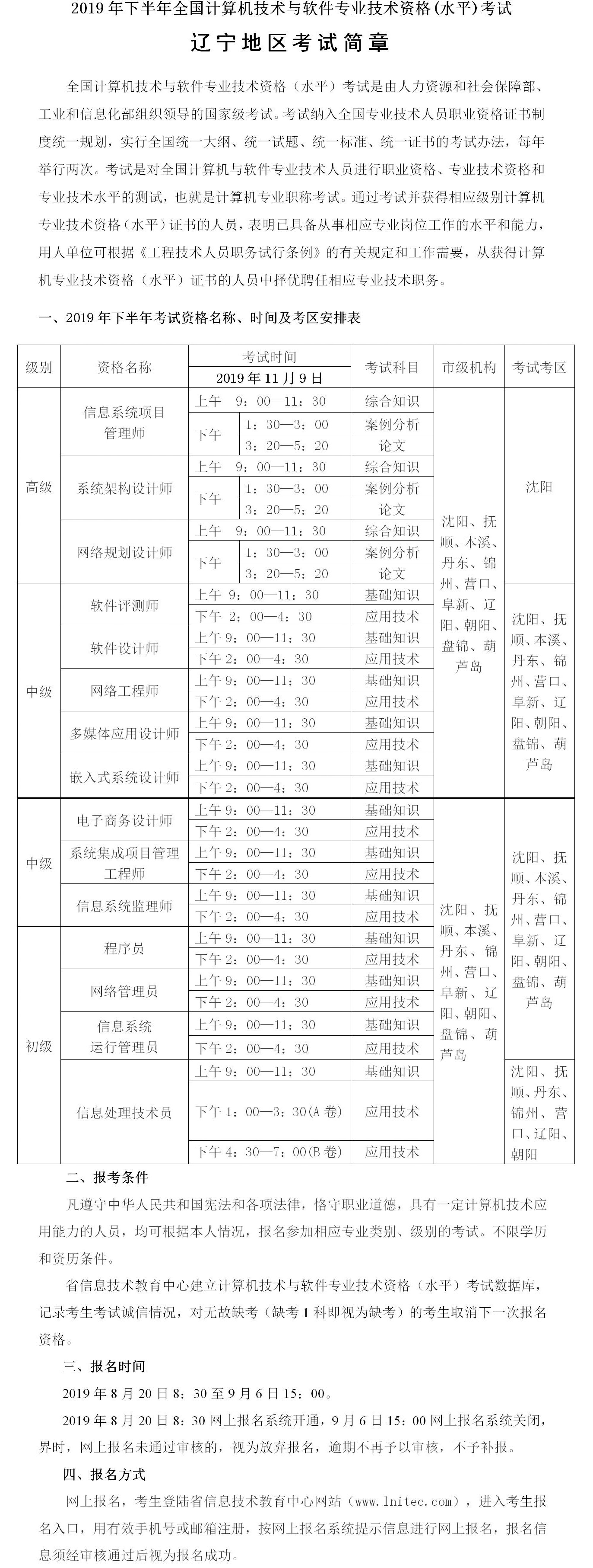 辽宁2019下半年计算机技术与软件水平考试报名通知
