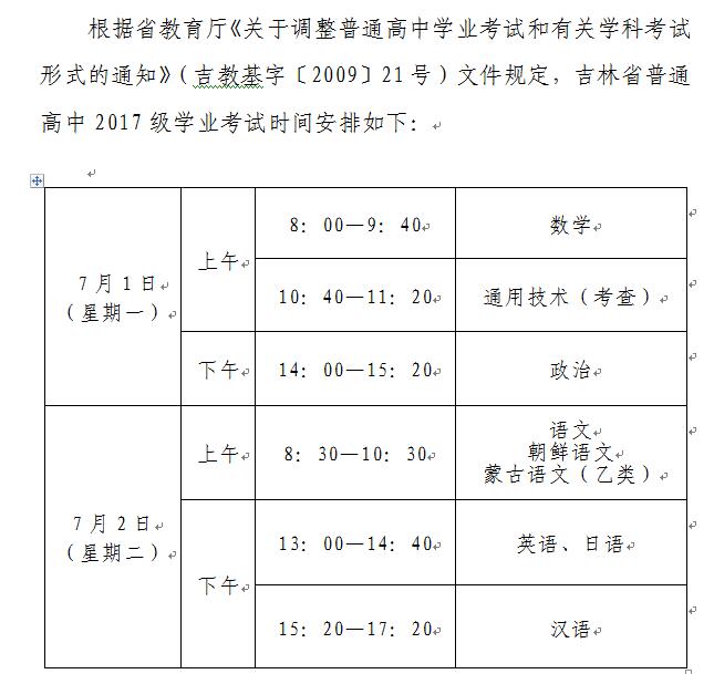2019年7月吉林省普通高中学业考试时间7月1日-2日