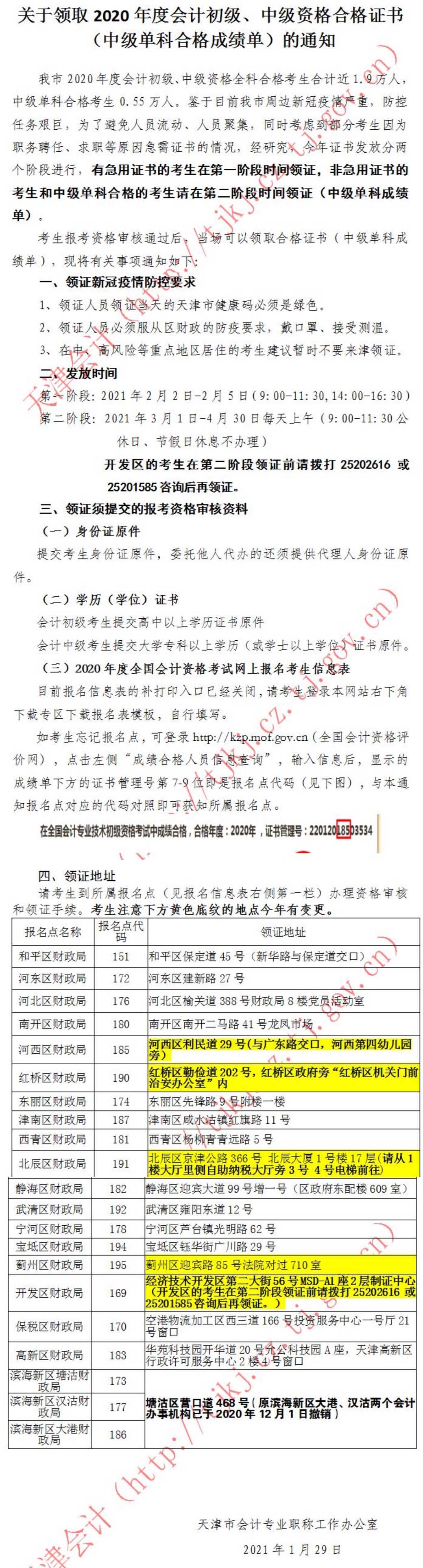 天津市2020年中级会计职称合格证书领取通知
