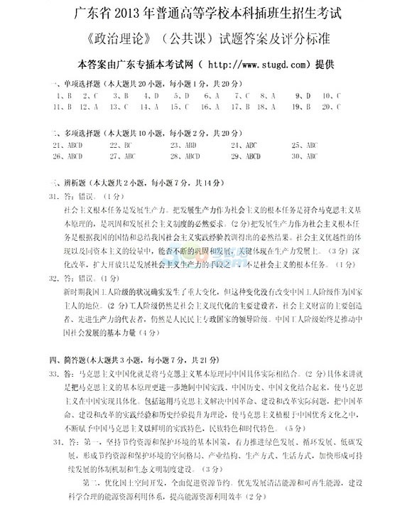 2013年广东专升本考试《政治》试题及答案第