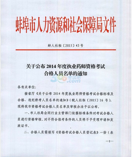 蚌埠公布2014执业药师资格考试合格人员名单