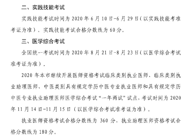 上海市2020年医师资格考试时间