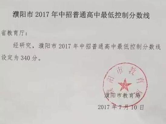 河南濮阳2017年中考录取分数线已公布