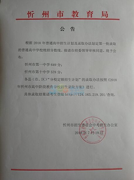 2018年山西忻州中考分数线已公布
