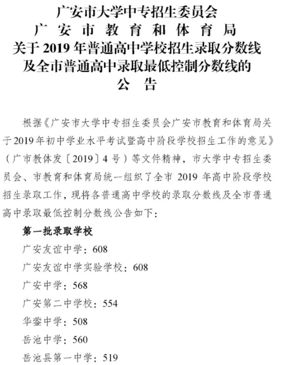 2019年四川广安市中考分数线已公布