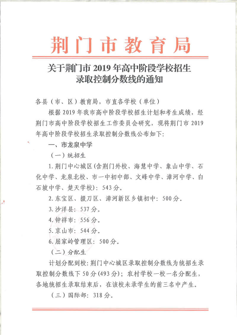 2019年湖北荆门中考录取分数线已公布