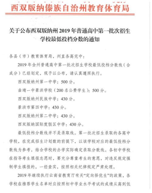 2019年云南西双版纳中考录取分数线已公布