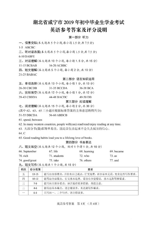 2019湖北咸宁中考《英语》真题及答案已公布