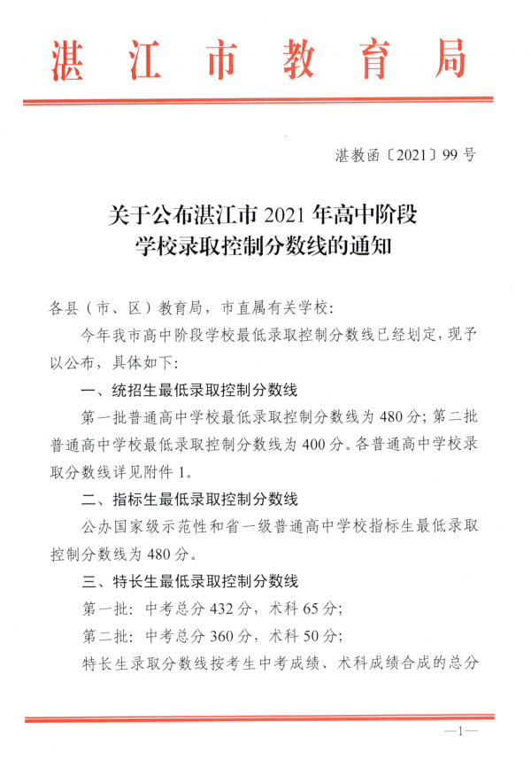 2021年广东湛江中考录取分数线已公布