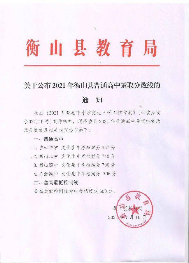 2021湖南衡阳中考录取分数线已公布
