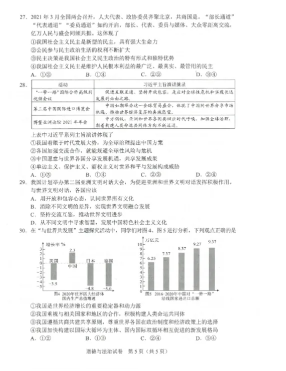 2021年湖北武汉中考《道德与法治》真题及答案公布