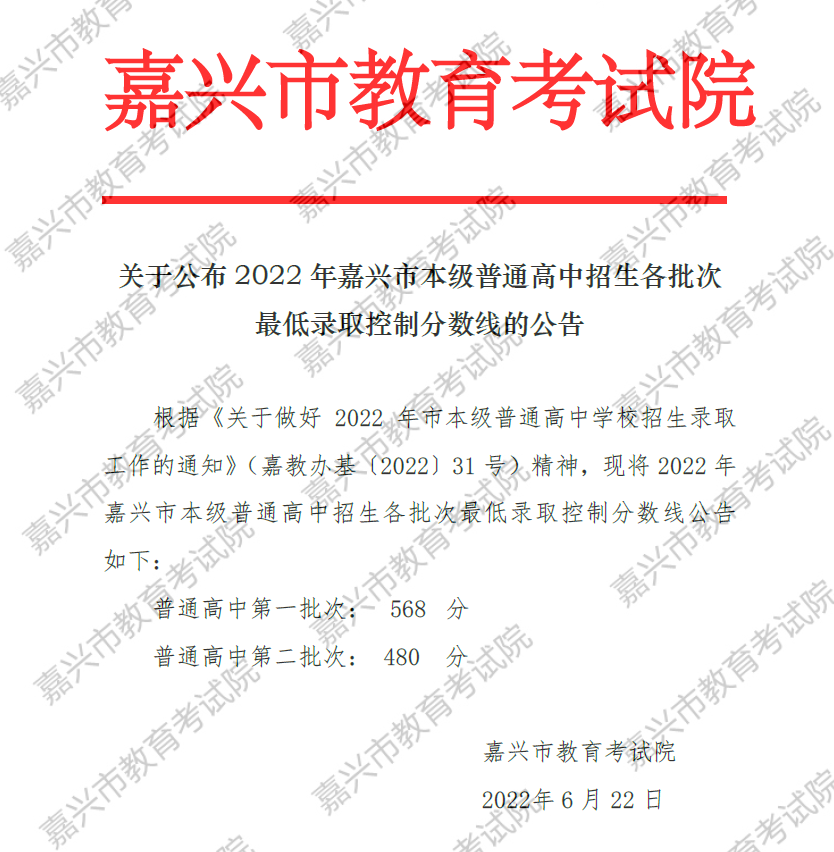 2022年浙江嘉兴中考录取分数线已公布