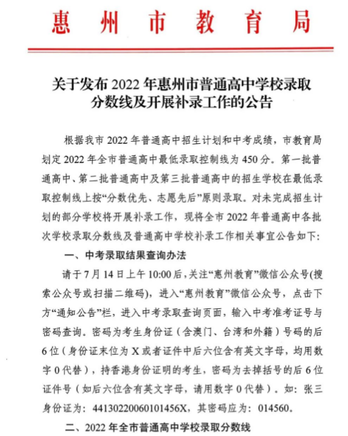 2022年广东惠州中考录取分数线已公布